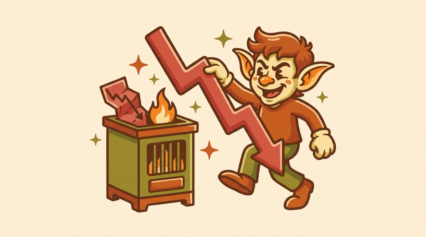 The TrendGoblin lounging on a hoard of coins, each stamped with a rising chart